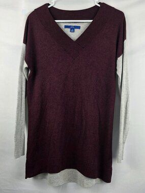 Apt.9 V-Neck Tunic Length Sweater, Maroon and Gray, Womens XS